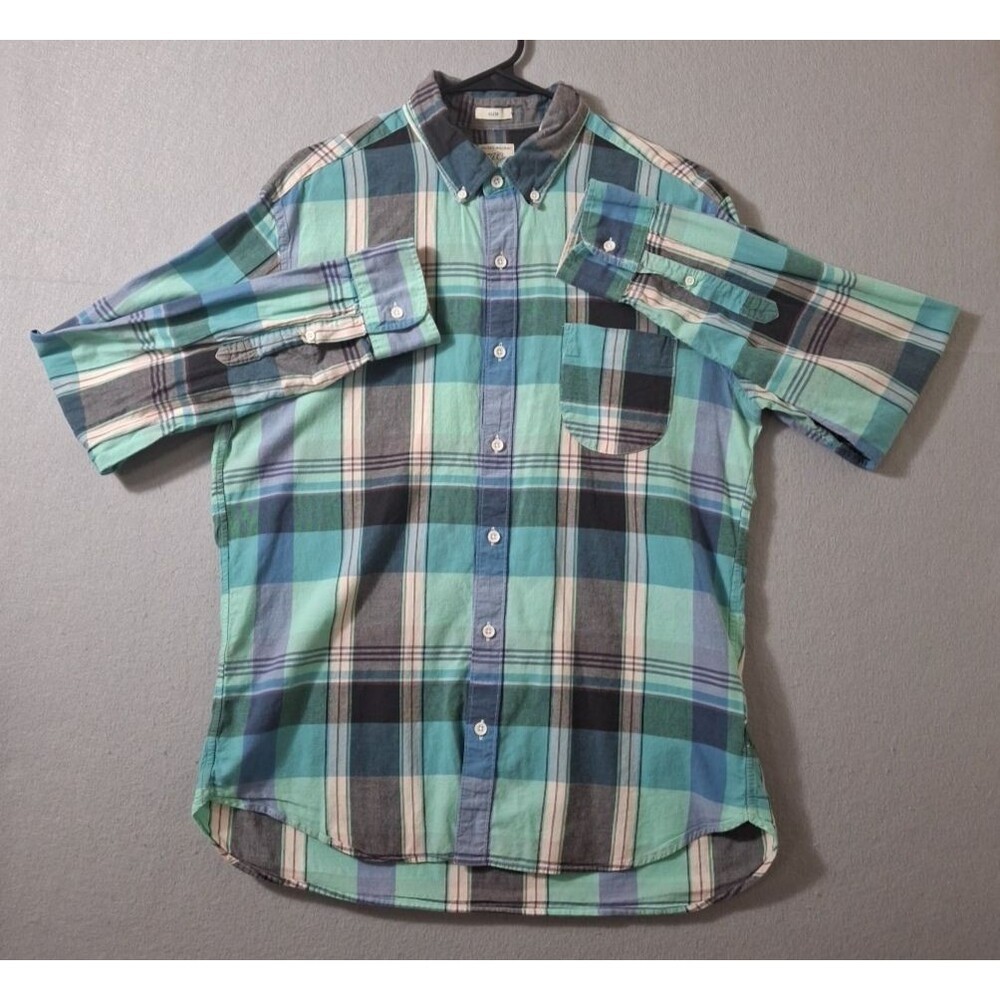 J. Crew Indian Madras Shirt Mens Large Blue Green Plaid  Slim Fit Long Sleeve